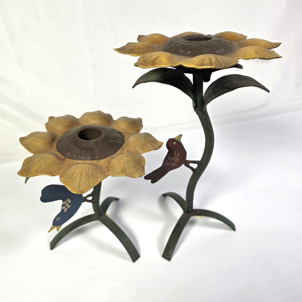 Vintage Midwest of Cannon Falls Sunflower Bird Metal Candle Holders Set 2